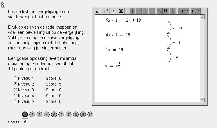 Algebra en applets, leren en onderwijzen Lineaire Vergelijkingen Spel Lineaire Vergelijkingen Spel is een nieuwe versie van Vergelijkingen oplossen met de weegschaal spel dat al langer op Wisweb