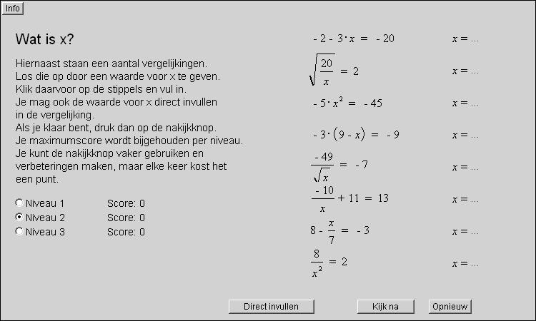 Algebra en applets, leren en onderwijzen Waarmakers Het applet Waarmakers genereert (at random) series vergelijkingen van verschillende moeilijkheidsgraad die moeten worden opgelost.