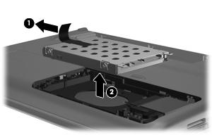 10. Trek het lipje van de vaste schijf (1) naar links en haal de vaste schijf uit de computer (2). U installeert als volgt een vaste schijf: 1.