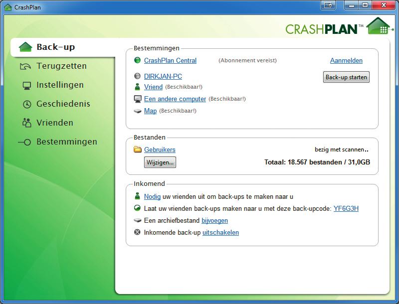 CrashPlan Software voor: Apps voor: Taal: Prijs: Windows, Mac OS, Linux Android, ios Nederlands $5,99 per maand Een opvallende aanbieder van onlineback-ups is CrashPlan (www.code42.