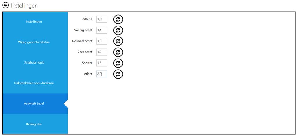 3.4. Activiteit level Omdat de fysieke activiteit vaak wordt overschat kiezen we ervoor om de activiteit levels aan te passen zoals op het voorbeeld.