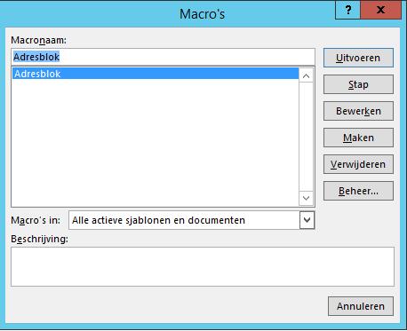 Stap 5: We maken de macro Adresblok aan: Typ in het document de voorbeeldtekst en druk daarna links bovenin het tabblad Ontwikkelaars op Macro stoppen.