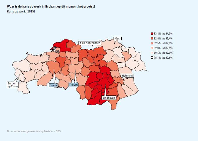 Figuur 6: Kans op werk in Noord-Brabant (bron: Atlas voor gemeenten op basis van CBS, 2015) Binnen de provincie groeit Zuidoost-Brabant het hardst.