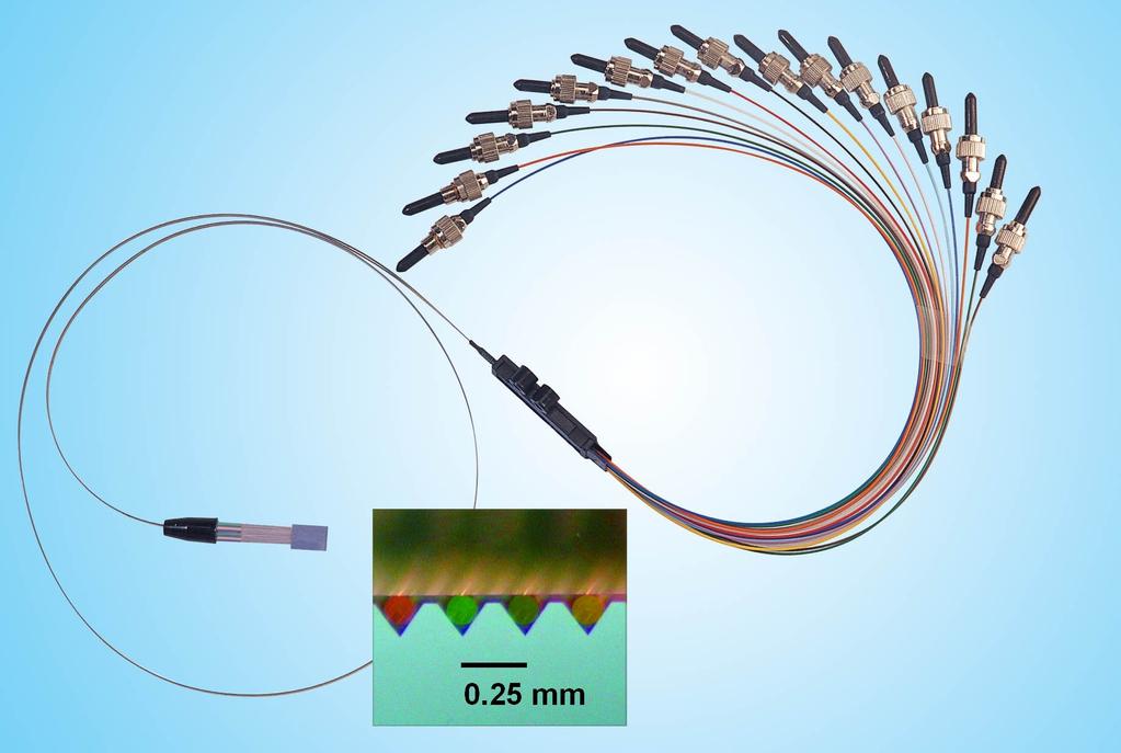 5.6 Packaging 105 Figure 5.14: Array of 16 fibres mounted in V-grooves. The inset shows a close up of the end face of the fibre array. 5.6 Packaging Packaging accounts for a major part of the cost of optical components.