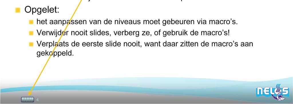 Elk blokje stelt een niveau voor (1*D, 2*D, 3*D, AI, Specialty). Een groen blokje betekent zichtbaar op dat niveau.