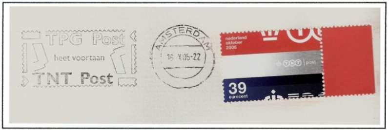 Afb. 18. Nieuw vlagstempel met aankondiging dat TPG post voortaan TNT post is. Gebruikt op 16 oktober 2006, tevens de dag van uitgifte van de TNT-postzegel.