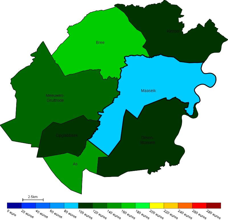 Vastgoed Prijs van bouwgrond in Maaseik en omgeving Gemiddelde prijs in e/m 2 van bouwgrond in Maaseik en omgeving Bron : Berekeningen van de ADSEI (FOD Economie) op basis