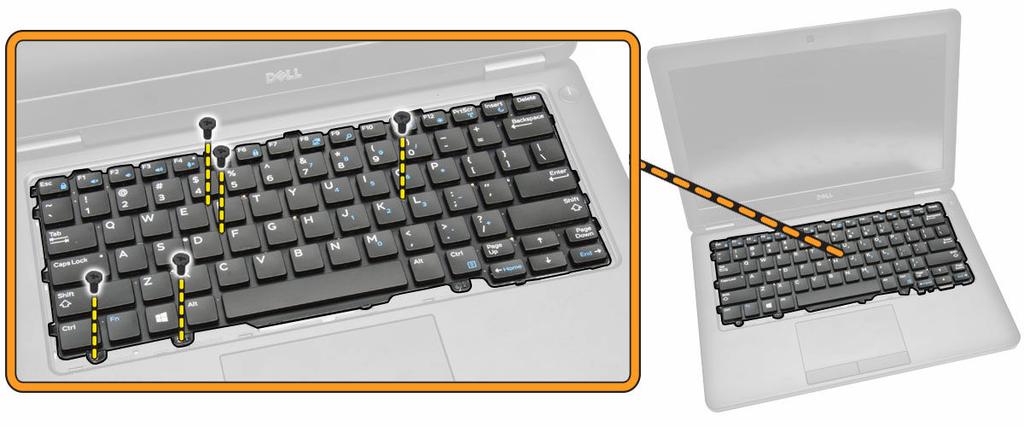 4. Verwijder de schroeven waarmee het toetsenbord aan de computer vastzit. 5. Verwijder het toetsenbord van de computer.