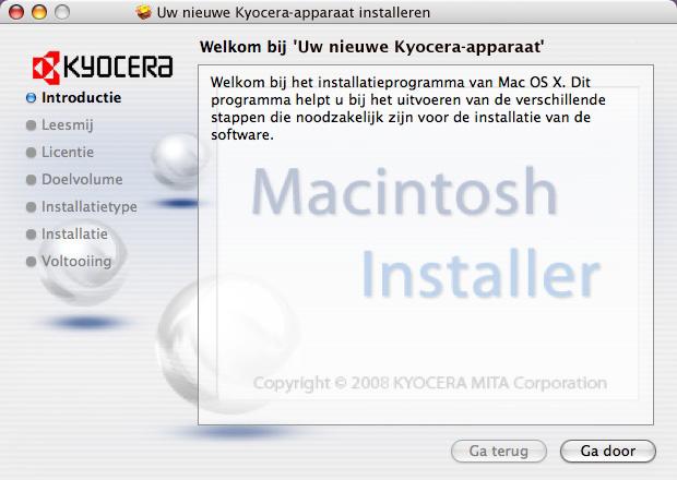 Afdrukken 5 Dubbelklik op Kyocera OS X x.x. 6 Het installatieprogramma van de printerdriver wordt opgestart.