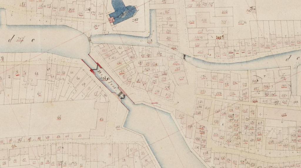 Afb. 3; Historische verkaveling van het Burgemeester Krijgerplein, kadastrale kaart 1811-1832 Ook zijn er zo nu en dan panden die hun front aan deze steeg hadden.