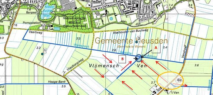 Afwatering naar sloot gebied B, zuid-oost: Volgens de gebiedshydroloog (Hans