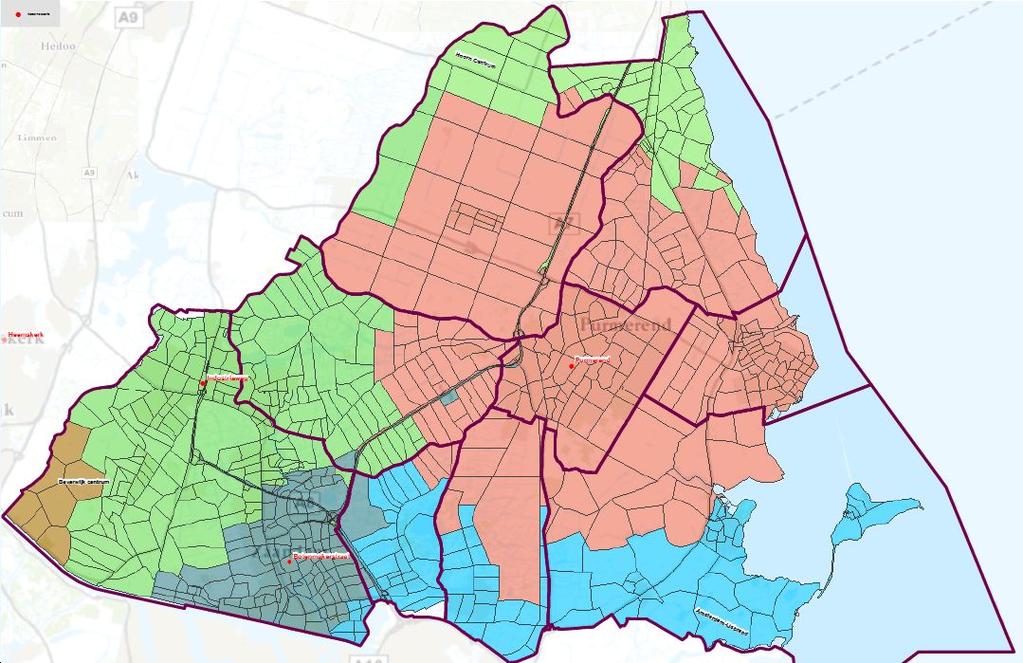 Figuur 6.2 Dekkingsgebieden redvoertuigen uitgaande van een vrijwillige bezetting. De bijdrage van de redvoertuigen van Velsen, Beverwijk en Heemkerk is beperkt.