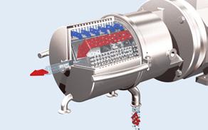 Het verspreide poeder wordt gehomogeniseerd doordat het door de mixerkop naast de tank stroomt.