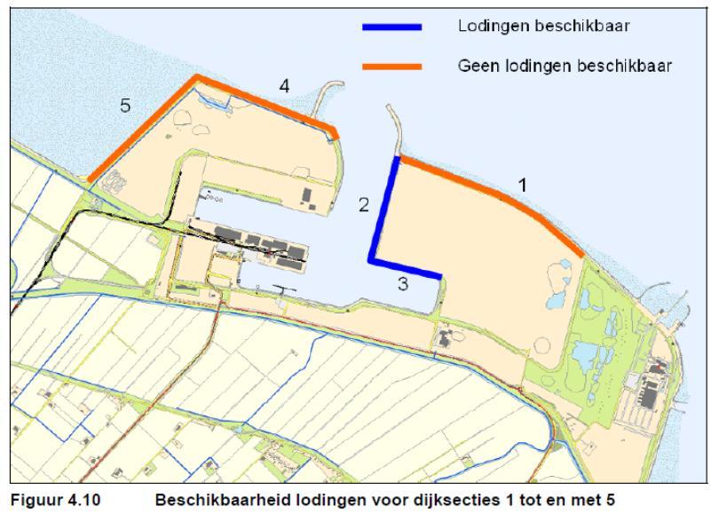 Figuur O.1 Op voorlandstabiliteit getoetste trajecten bij de Eemshaven Traject 4 en 5 konden goedgekeurd worden omdat langs deze trajecten er geen geul aanwezig is.