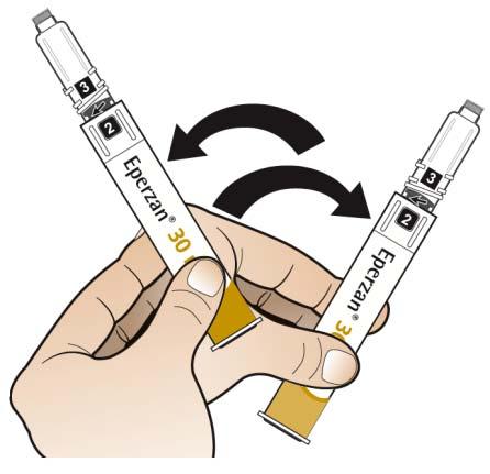 Zwenk de pen 5 maal, langzaam en voorzichtig, van de ene naar de andere kant om het geneesmiddel te mengen (zoals een