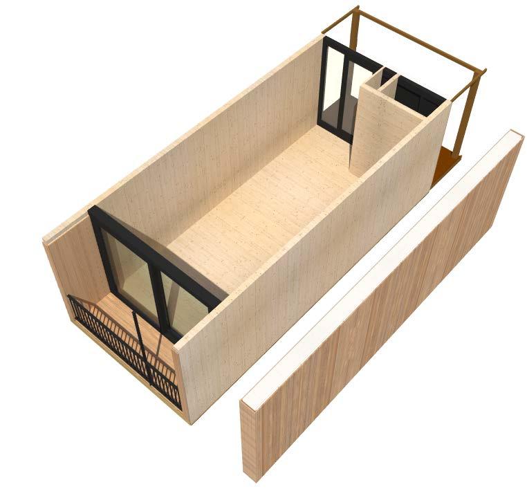 Balkon 3 Ook kan de module uitgevoerd worden met een balkon. Het balkon heeft een oppervlakte van 3,8m². Door het toevoegen van een balkon wordt een persoonlijke buitenruimte gecreëerd.