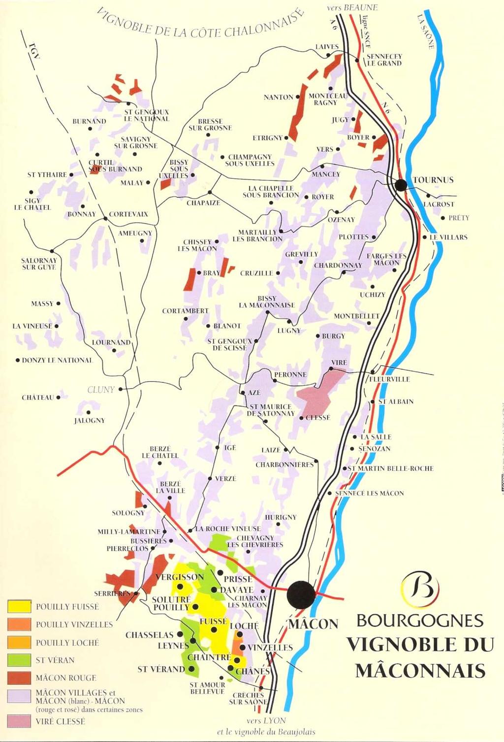 In de Mâconnais vinden we de volgende AOC s: - Mâcon - Mâcon Villages - Viré-Vlessé - Saint-Véran - Pouilly-Fuissé - Pouilly-Loché - Pouilly-Vinzelles In de