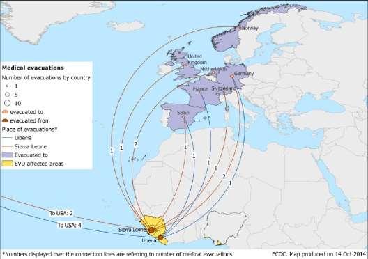 Huidige situatie in landen met enkele patiënt(en) en beperkte transmissie per 19 oktober 2014 2 Vier landen (Nigeria, Senegal, Spanje en de Verenigde Staten) rapporteerden tot nu toe één of meer