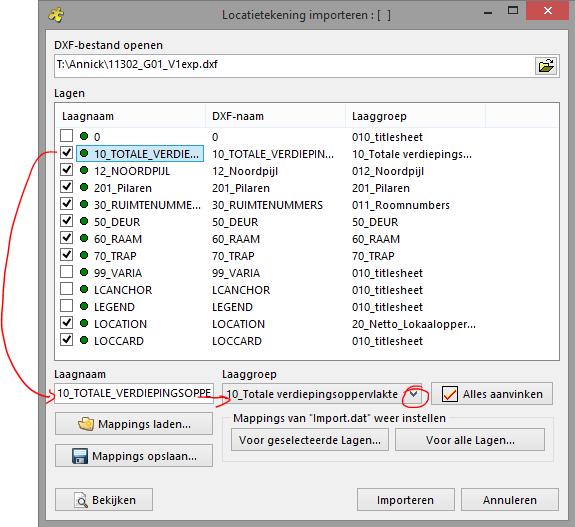 Vink de lagen aan zoals in onderstaand schema en geef layer per layer aan in welke FMIS layergroep ze moet worden weggeschreven. Door een laag te selecteren, kan je onderaan de Laaggroep aanpassen.