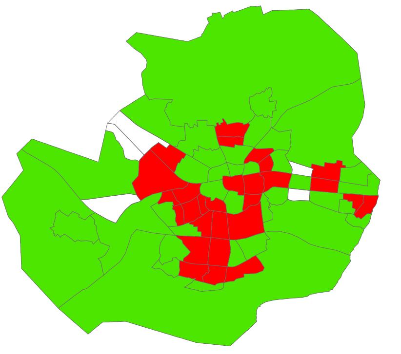 Op onderstaande kaart staat per buurt aangegeven of de leefbaarheid hoger (groen) of lager (rood) dan het Nederlands gemiddelde is.