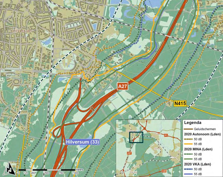 Hilversum Er is zeer weinig verschil tussen het minimumalternatief en het voorkeursalternatief. De 50 en 55 db contouren zijn vrijwel gelijk.