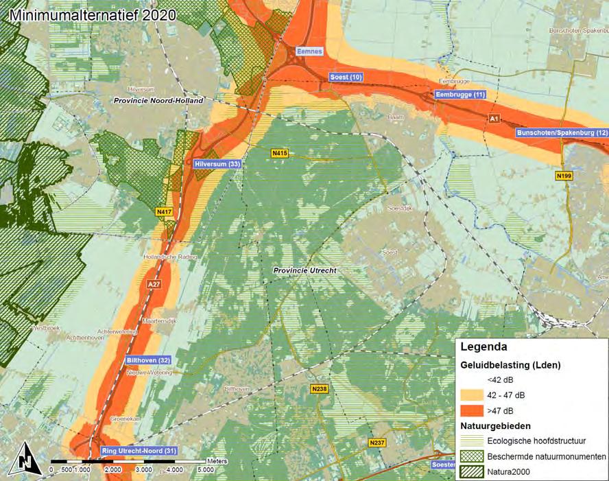 Afbeelding 37 Geluidbelasting natuurgebieden minimumalternatief 2020 inclusief maatregelen Mitigatie Schadelijke effecten op natuur als gevolg van verstoring door geluid zijn dus niet aan de orde.