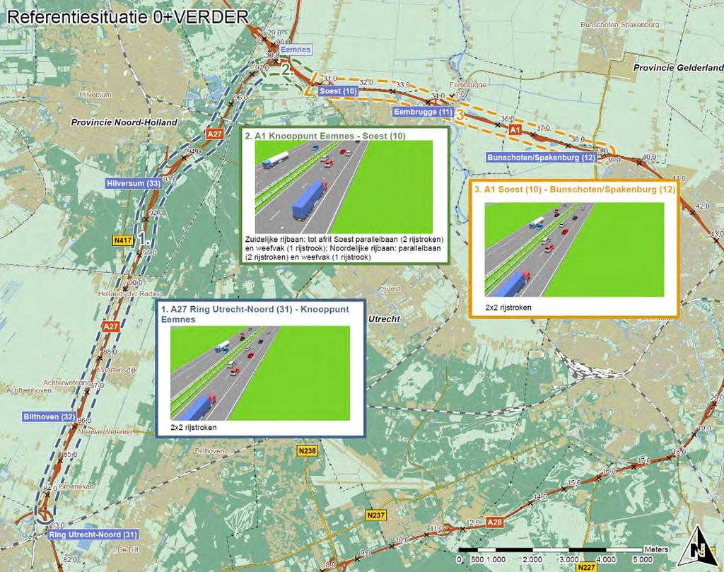 Afbeelding 11 Schematisch overzicht referentiesituatie 0+VERDER In navolgende tabellen zijn de kunstwerken, aansluitingen en verzorgingsplaatsen op de A27/A1 samengevat.