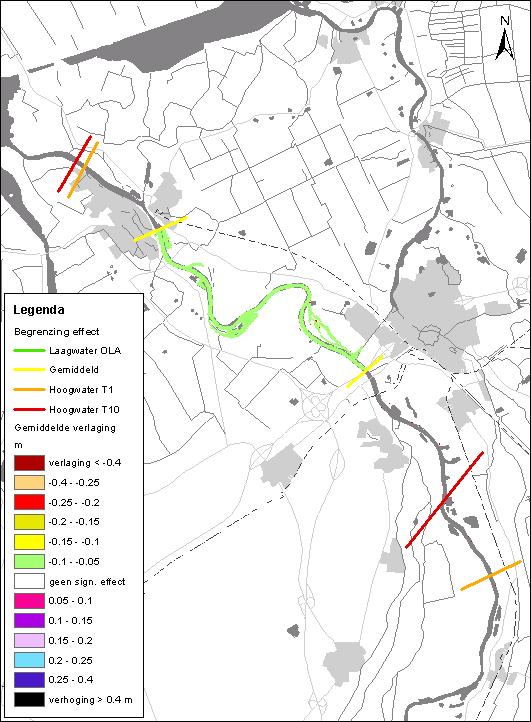 Figuur 5-5 Berekend effect op het gemiddelde peil van de IJssel en de begrenzing van het effect bij hoog- en laagwater De verhoging van de waterstand die zichtbaar is voor de T1- en T10-afvoergolf