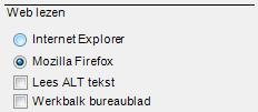 Om Firefx te installeren vanaf de website Mzilla.cm: Meld je aan als Administratr p de cmputer. Start Kurzweil 3000 p. Kies Opties in het menu Hulpmiddelen. Klik links p het pictgram Lezen.