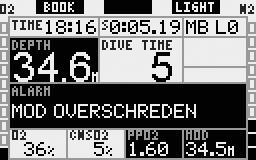 CNS O 2 = 100% weergegeven in plaats van de nultijd- of decompressieinformatie en klinkt er een alarmsignaal.