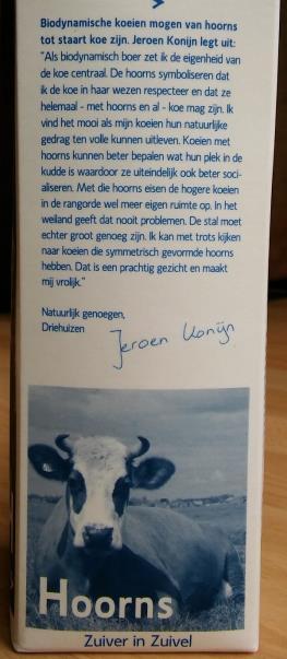 Jeroen Konijn (bedrijfsrepor tage in De Blaarkopper febr 2016) werkt daar graag aan mee; hij is trots op de biologisch dynamische melk met het Demeterkeurmerk die hij uit zijn blaarkoppen haalt.