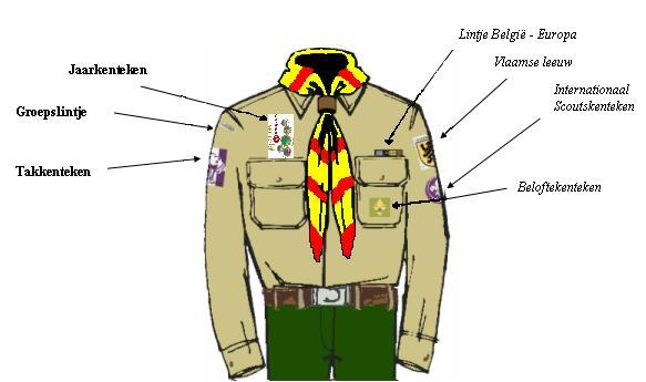 Hieronder een voorbeeld van een perfect scoutshemd. Leden krijgen elk jaar een jaarkenteken om op hun uniform te naaien.