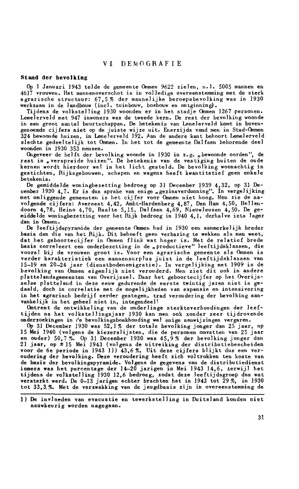 VI DEMOGRAFIE Stand der bevolking Op ] Januari 1943 telde de gemeente Ommen 9622 zielen, n.j. 5005 mannen en 4617 vrouwen.