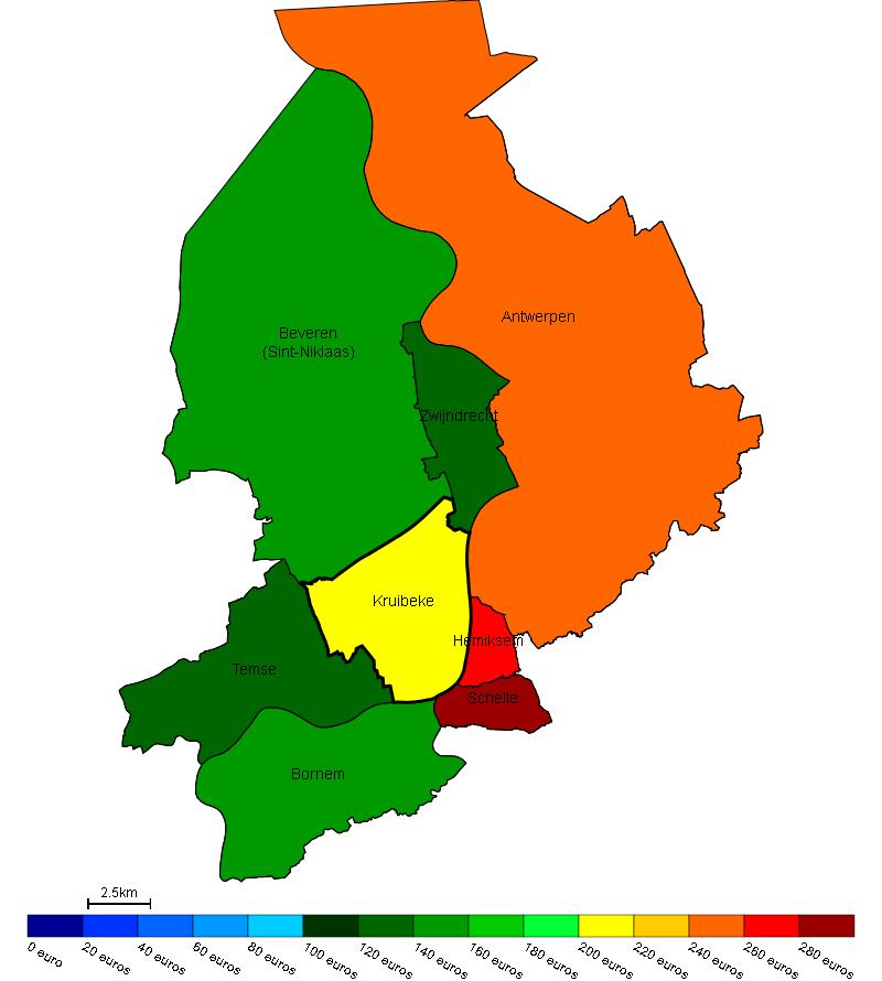 Vastgoed Prijs van bouwgrond in Kruibeke en omgeving Gemiddelde prijs in e/m 2 van bouwgrond in Kruibeke en omgeving Bron : Berekeningen van de ADSEI (FOD Economie) op basis