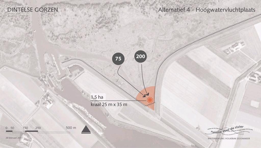 Alternatief 4: Hoogwatervluchtplaats De grazers worden opgedreven naar en opgevangen in het buitendijkse gebied rondom de kraal. De kraal en ong.