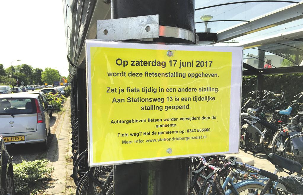 fietsenstallingen Zaterdag 17 juni worden drie fietsenstallingen rond station Driebergen-Zeist opgeheven. Dit is nodig vanwege werkzaamheden aan het Stationsgebied.