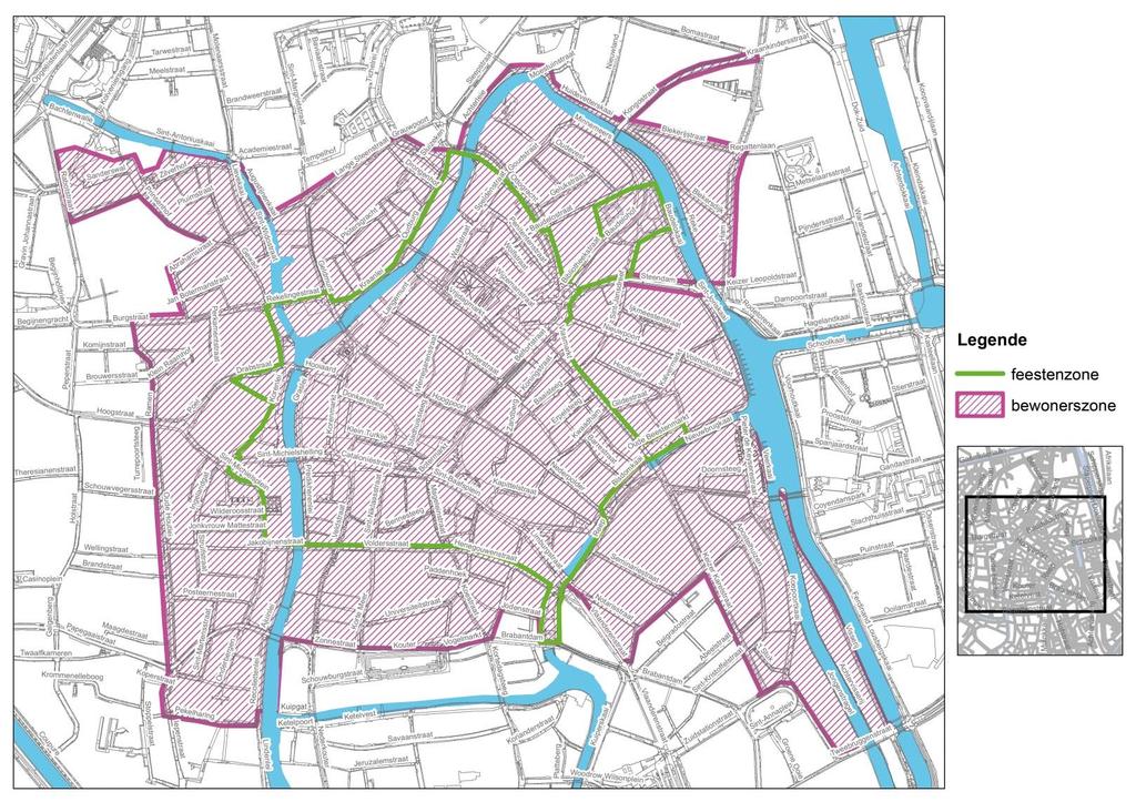 Hieronder de afbakening van de feestenzone maar let vooral op de borden als je een parkeerplaats zoekt!