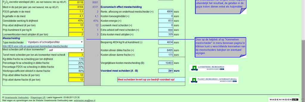 Hieronder is een afdruk van het scherm gemaakt met de uitkomsten van deze mestscheidingswijzer van het voorbeeldbedrijf.