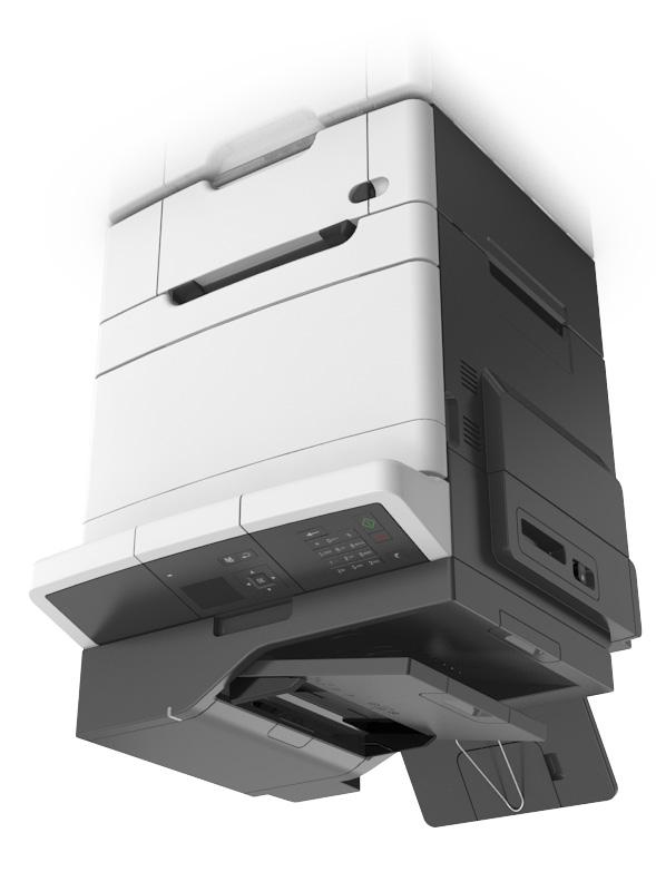Omgaan met de printer 12 Basismodellen 1 Bedieningspaneel van de printer 2 Automatische documentinvoer (ADI) 3 Standaarduitvoerlade 4 Bovenklep 5 Rechterzijklep 6 Standaardlade voor 250 vel (lade 1)