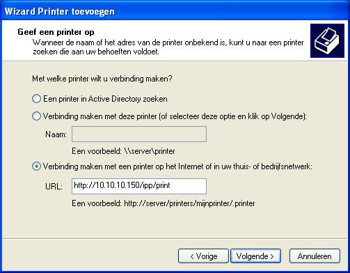 WINDOWS 30 4 Windows XP/Vista/Server 2003: selecteer Verbinding maken met een printer op het internet of uw intranet.