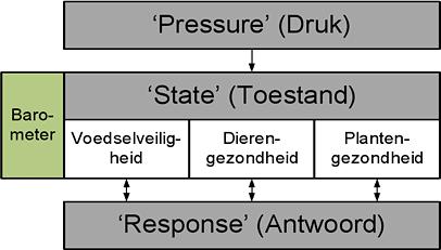 BAROMETERS VOOR DE VEILIGHEID VAN DE VOEDSELKETEN Figuur 8: 'Pressure-State-Response'-model De Pressure en de Response omkaderen met andere woorden de barometers en geven de context weer waarbinnen