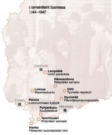 30 Locaties van de interneringskampen in Finland. Internointileirit Suomessa. bombardeerd of getorpedeerd, en hadden de opvarenden weinig kans gemaakt dit te overleven.
