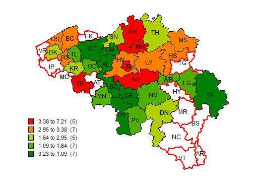 3.2.4. Shigella: Verdeling en incidentie per arrondissement Figuur 16 geeft een overzicht van de incidentie (N/100.000 inwoners) per arrondissement van alle Shigella serotypes voor 2013.