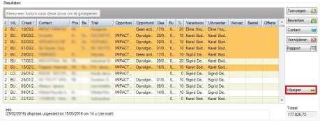 Klik op deze knop en het volgende scherm verschijnt: Wijzig nu de status, gewonnen opportuniteiten, verloren opportuniteiten, verantwoordelijke, uitvoerder of datagroep.