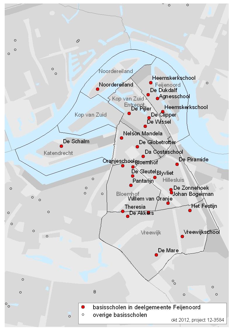3.7 Feijenoord In de deelgemeente Feijenoord staan 17 scholen. Volgens de bekostigingsgegevens (DUO) staat er één school in Katendrecht, te weten De Schalm(18ZU).