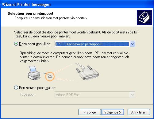 1-3 PostScript- of PCL-afdrukken instellen in Windows 2000/XP 5. Selecteer LPT1: en klik op Volgende. 6. Klik in het dialoogvenster met lijsten van fabrikanten en printers op Diskette.