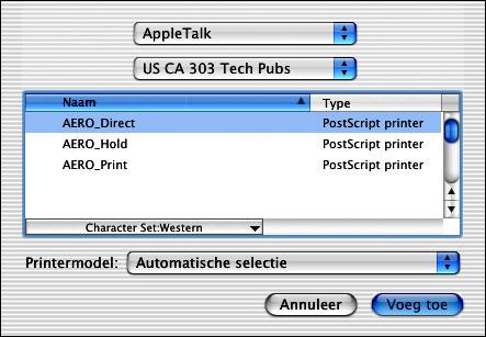 2-8 Gebruikers- software installeren op een Mac OS-computer 2. Klik op Voeg toe in het dialoogvenster Printerlijst. 3. Kies AppleTalk of Afdrukken via IP in de vervolgkeuzelijst. 4.