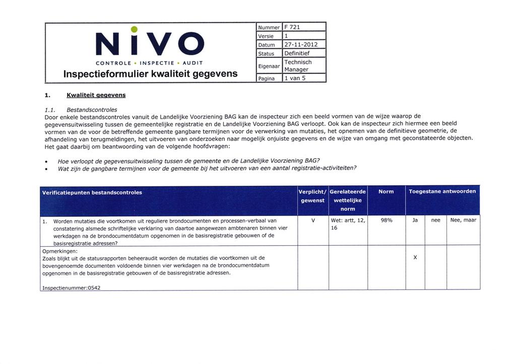 CONTROLE INSPECTIE AUDIT Inspectieformulier kwaliteit gegevens F 72 Technisch Manager van 5. Kwaliteit gegevens.