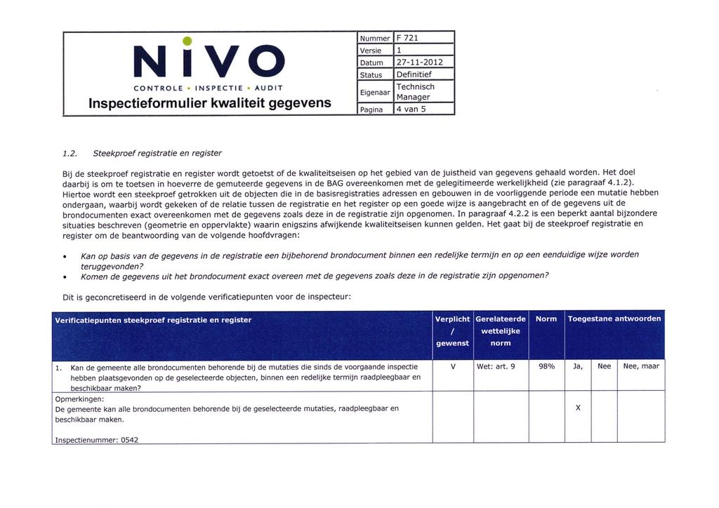 CONTROLE INSPECTIE - AUDIT Inspectieformulier kwaliteit gegevens F 72 