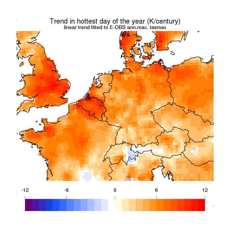 Maximum temperatuur van de warmste dag van het jaar: E-OBS Min et